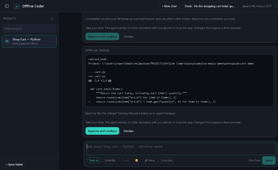 A code change waiting for user approval in Offline Coder